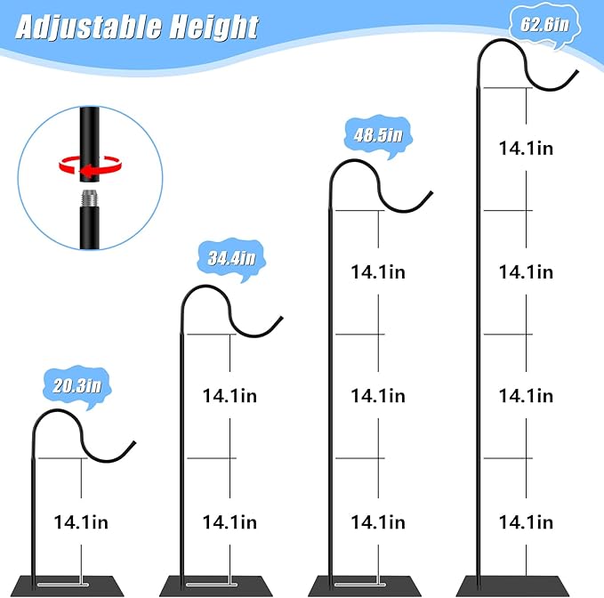 Hummingbird Feeder Stand, Adjustable 20-63 Inch Shepherds Hook for Outdoor Indoor, Bird Feeder Pole with Base & Water Weight Bag for Wind Chimes, Hanging Plants(Hummingbird Feeders Not Include)-VerdiqueGarden