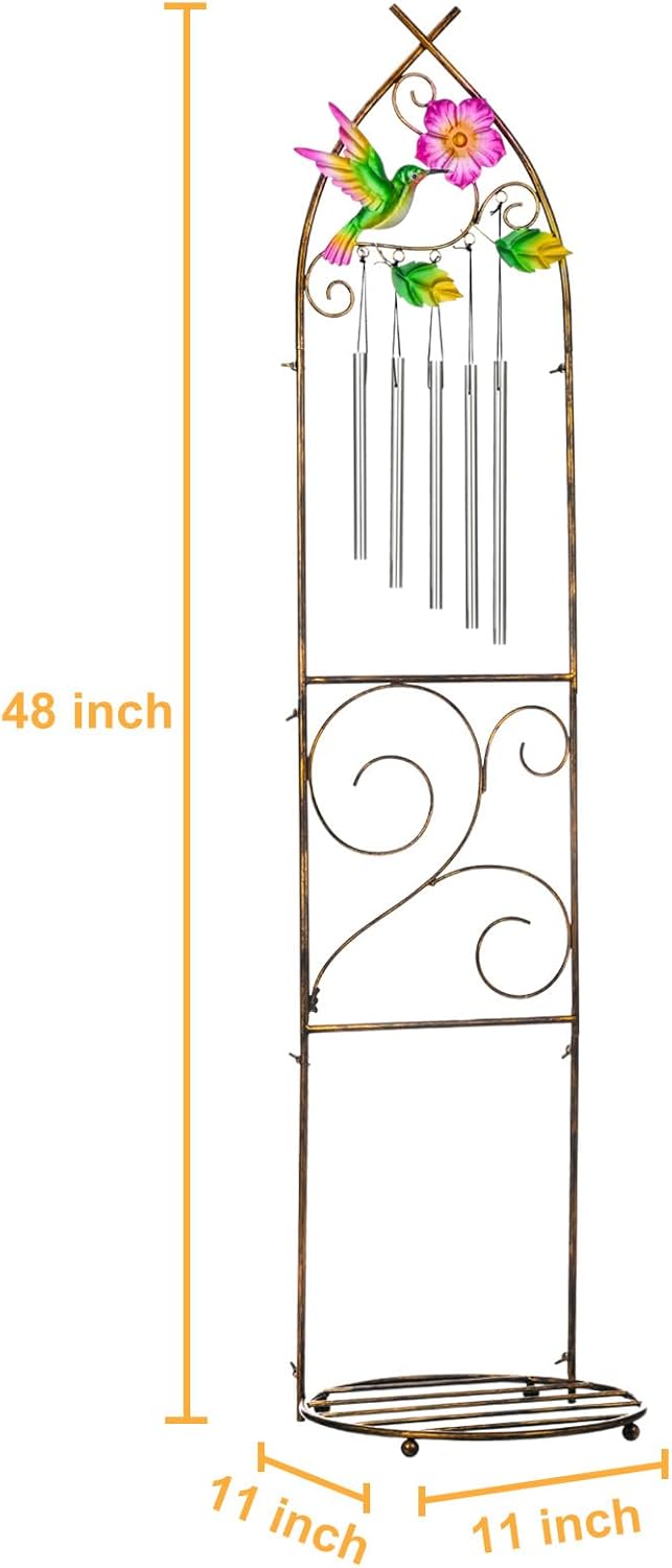 Garden Trellis with Plant Stands, 48” Metal Detachable Hummingbird Plant Pot Trellis with Wind Chimes for Climbing Plants Outdoor Lawn Patio Porches Decor-VerdiqueGarden