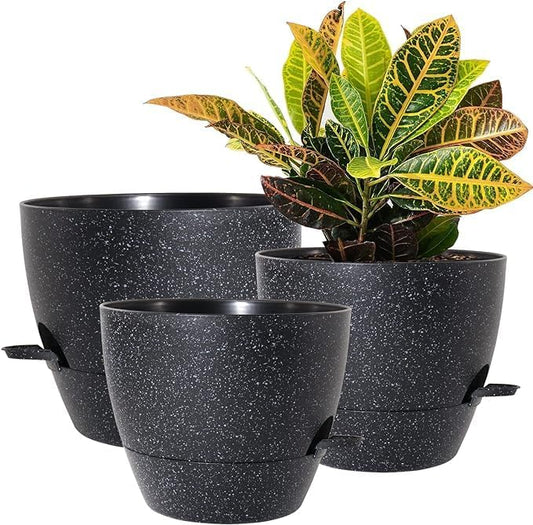 10/9/8 inch Self Watering Pots, Set of 3 Plastic Planters with Mesh Drainage Holes and Deep Reservoir for Indoor Outdoor Garden Plants and Flowers, Black Speckles-VerdiqueGarden