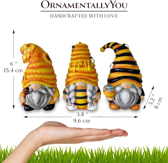 Spring & Summer-Themed Garden Statues – Adorable Outdoor Decor for Lawn, Patio & Porch (Buzzy Trio Set of Three Bumble Bee Gnome Figurines, 6" Tiered Tray Home or Garden Decoration)-VerdiqueGarden