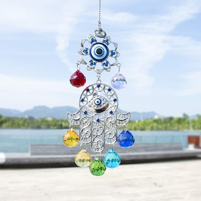 Hamsa Hand with Blue Evil Eye Protection Hanging Crystal Ornament with Chakra Energy Crystal Balls-VerdiqueGarden