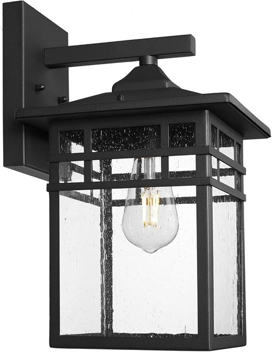 Outdoor Light Fixture Wall Mount, Black Exterior Light Fixture Wall Sconces with Seeded Glass for Front Porch, 9 Inch Large Waterproof Outdoor Square Wall Lantern Outside for House Doorway-VerdiqueGarden