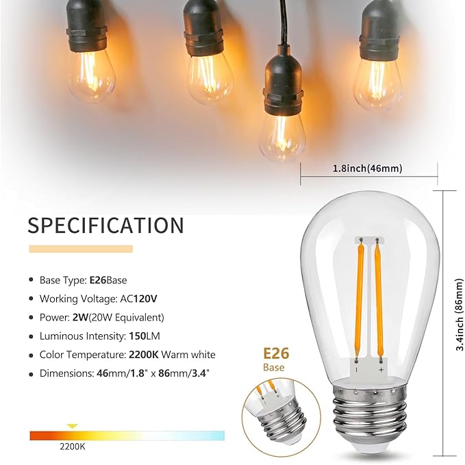 S14 Replacement LED Light Bulbs, Shatterproof & Waterproof 2W S14 Edison LED Bulbs, Outdoor String Lights, E26 Base Patio Lights, Warm White 2200K Plastic 150ML Non-Dimmable 15 Pack-VerdiqueGarden