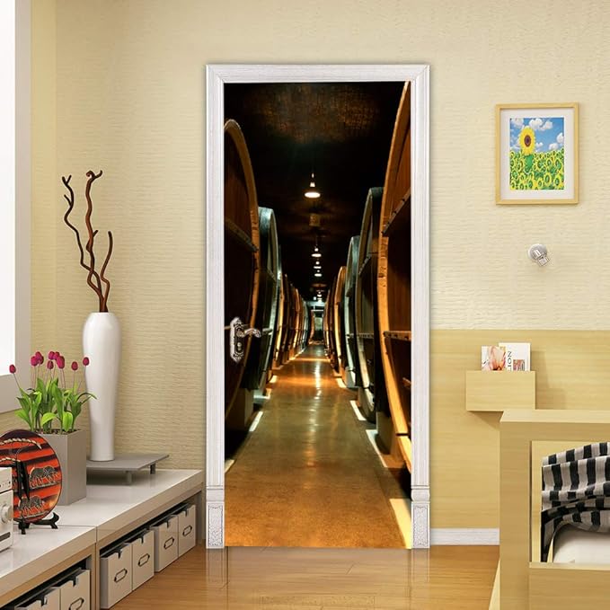 3D Door Stickers Murals - Peel & Stick Wine Cellar Theme - Removable PVC Waterproof Door Poster, 37.4" x 84.6" for Bedroom & Living Room-VerdiqueGarden