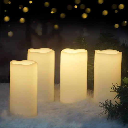 4 Pack Outdoor Battery Operated Candles with Timer Waterproof Led Flickering Candles Flameless Pillar Lights for Party/Lantern/Patio/Wedding/Garden,Cream White,3x6 Inch-VerdiqueGarden