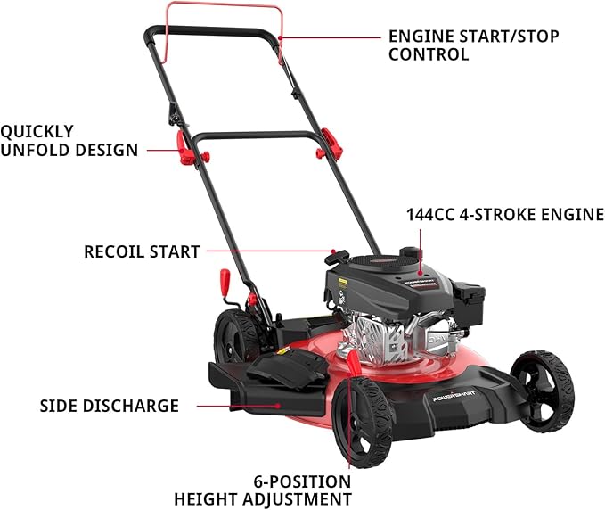 PowerSmart 21 in. Gas Lawn Mower with 144cc OHV Engine, 2-in-1 Push Mower with Mulching & Side-Discharge-VerdiqueGarden