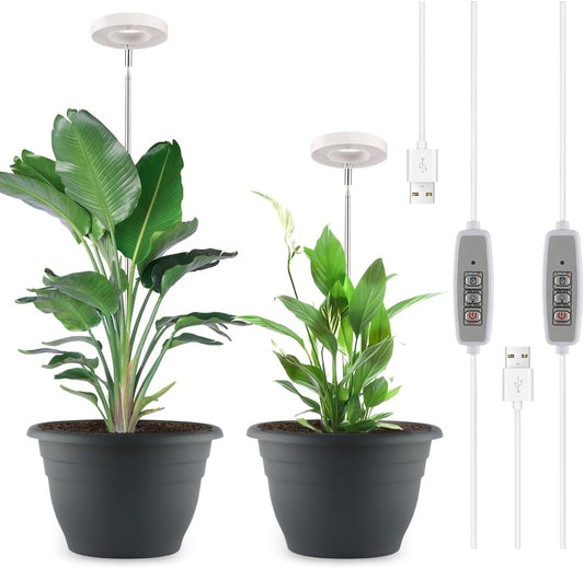 11 Inch Plant Pots with 2 x LED Grow Lights for Indoor Plants and 1 x Soil Moisture Meter - Complete Indoor Plant Care Set, 2 Pack Flower Pots with Drainage Holes and Plug, Gray-VerdiqueGarden