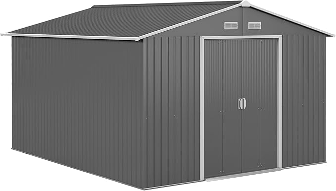 Outsunny 11' x 9' Outdoor Storage Shed, Garden Tool Metal Shed with Foundation Kit, Double Lockable Door, Air Vents and Sloping Roof, for Backyard, Patio, Lawn, Gray-VerdiqueGarden
