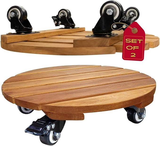 Idzo 2pack 12inches Wood Plant Caddy with Wheels Heavy Duty, 264 Lbs Capacity, Acacia Hardwood Plant Dolly, Plant Stand with 360° Lockable Wheels for Plant Pots, Heavy Objects Hauling - Natural Wood-VerdiqueGarden