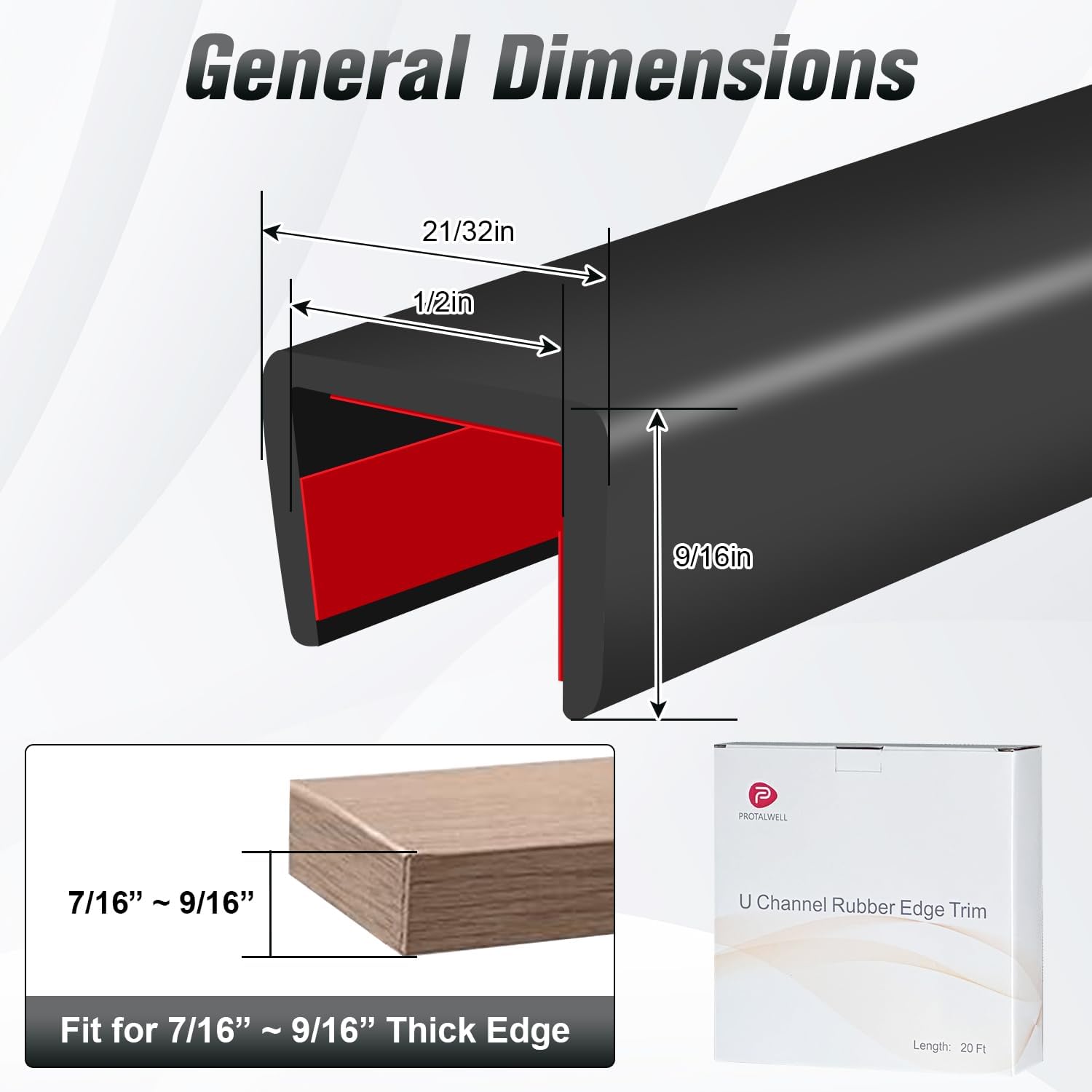 Rubber Edge Trim, Self Adhesive U Channel Edge Trim, Big Size U Shaped Trim, Edge Banding for Plywood, Woods, Shelf, Cabinet, Countertop, Fit for 1/2", Length 20Ft, Black-VerdiqueGarden