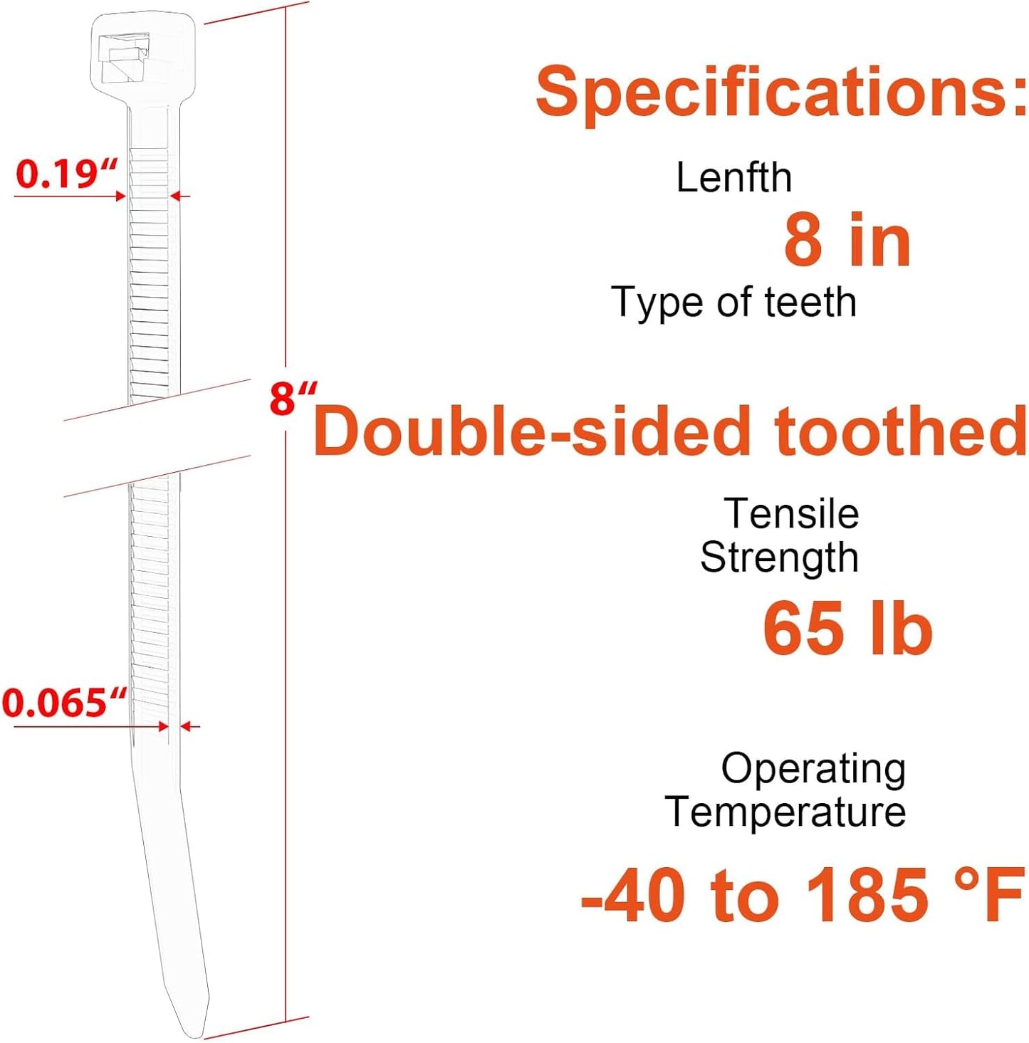 8 Inch Zip Ties Double Sided Toothed,65LBS Tensile Strength Heavy Duty Cable Wire Ties With Self-Locking Adjustable More Durable Nylon Tie Wraps for Indoor Outdoor（100 Pack）-VerdiqueGarden