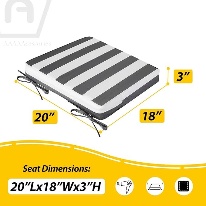 AAAAAcessories Outdoor Seat Cushions for Chairs, Waterproof, Fade-Resistant Patio Furniture Replacement Cushions, 20" x 18" x 3", Set of 2, Gray Cabana Stripe-VerdiqueGarden