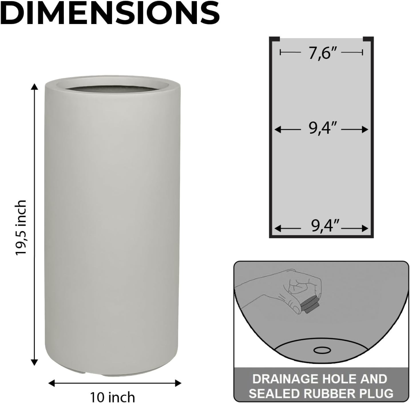 19.5" H x 9.8" D Tubo Fiberstone Cylinder Tall Planter with Drainage Hole, Smooth Finishes, for Indoor and Outdoor Use, Included 2 Extra Coco Mats (Light French Gray, 8.2" Pot Opening)-VerdiqueGarden
