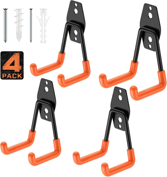 Utility Steel Wall Mount Heavy Duty Garage Hooks with Anti-Slip Coating,Storage More Yard,Garden and Power Tools and for Hanging Hose,Ladder and Bike(4 Pack 4.5x2.75 inch)-VerdiqueGarden