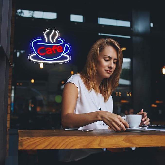 Cafe Neon Sign for Coffee Bar Pub Decor,Blue Wall Art Decoration For Restaurant Living room,Led Light of Cafe,USB Power Supply With Metal Chain.-VerdiqueGarden