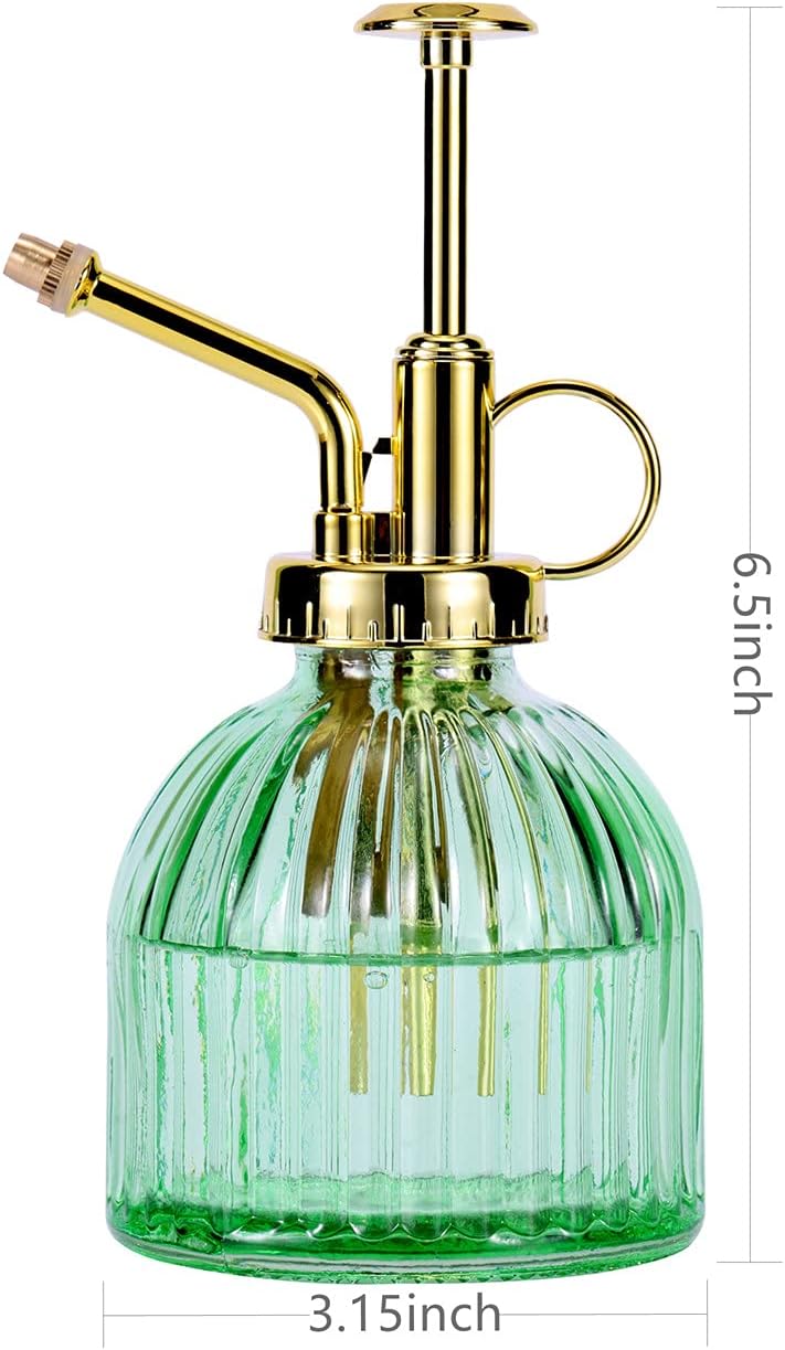 Glass Plant Mister Spray Bottle, 6.5" Green Glass Water Spray Bottle with Gold Top Pump Small Watering Can, Small Plant Sprayer Mister for Indoor Outdoor House (Green+Gold A)-VerdiqueGarden