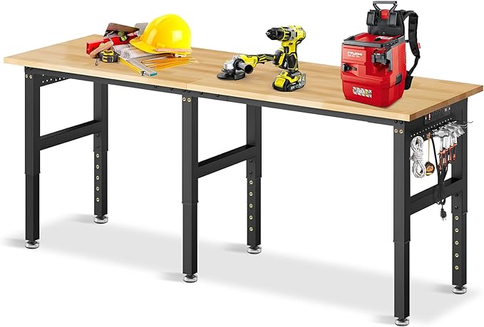 84” Adjustable Height Workbench, 5000 LBS Heavy Duty Table Rubber Wood Workstation with Power Outlet & Pegboard for Garage, Office, Workshop, Home,Commercial-VerdiqueGarden