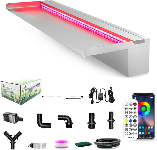 LONGRUN Stainless Steel Waterfall Spillway, APP Control Multi-Color LED Light Outdoor Pool Fountain, Water Spillway Koi Pond Waterfalls Fountains Kit for Garden Patio Swimming Pool Decoration-35.4"-VerdiqueGarden