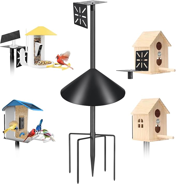 Smart Bird Feeder Pole with Squirrel Baffle & Bath-Heavy Duty Adjustable 3-6.6ft Universal Stand Mount for Backyard&Outdoor Bird Houses/Cameras (80'Pole-Baffle)-VerdiqueGarden