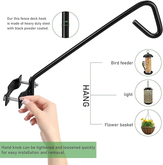 11 inches Fence Deck Hook Rail Hook Hanging Hook Mounting Kit Heavy Duty Bird Feeder Hook, Decorative Hook Hanger for Bird Feeders, Planters, Suet Baskets, Lanterns on Balcony Porch Railing Fence-VerdiqueGarden