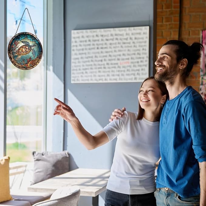 Sea Turtle Decor Suncatcher Stained Glass Window Hanging - Handmade Stained Glass Suncatchers Hangings with Hooks - Sea Art Glass Outdoor Garden Decor Gift for Women Him Valentines Day Birthday Gifts-VerdiqueGarden