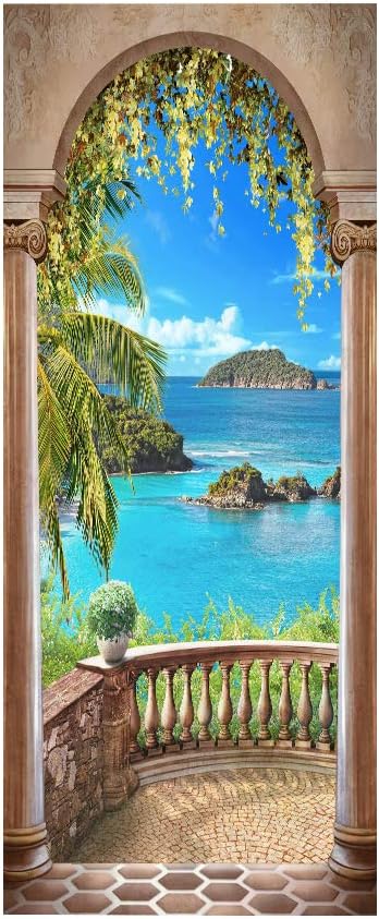 3D Door Stickers Murals - Landscape - Peel & Stick - Removable PVC Waterproof Door Poster - 37.4" x 84.6" - White - Tropical Ocean Theme-VerdiqueGarden