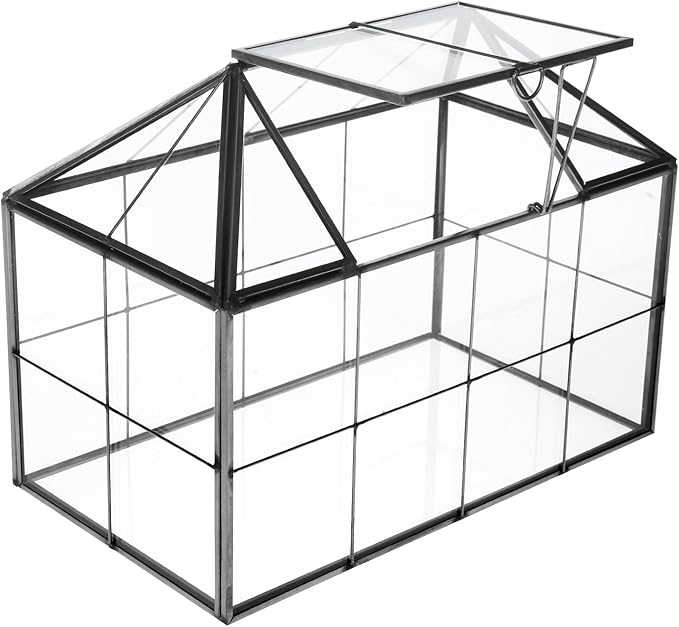 HighFree Geometric Terrarium Planter with Swing Lid, House Shape Black Handmade Glass Box, Vintage Tabletop Miniature Terrarium, for Succulent, Cacti, Air Plants (Not Watertight - 9.2x5.5x7.3 inch)-VerdiqueGarden