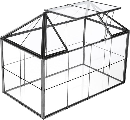HighFree Geometric Terrarium Planter with Swing Lid, House Shape Black Handmade Glass Box, Vintage Tabletop Miniature Terrarium, for Succulent, Cacti, Air Plants (Not Watertight - 9.2x5.5x7.3 inch)-VerdiqueGarden