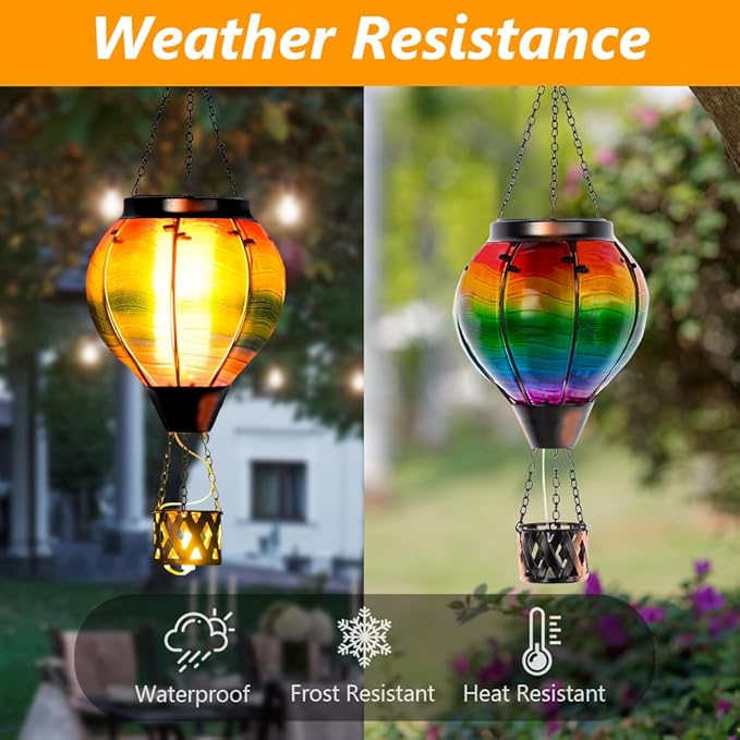Starsoul Solar Hot Air Balloon Lantern with Flame Multi-Color Hot Air Balloon Lantern with Candle Holder Metal & Glass Hanging Garden Light Waterproof Outdoor Lantern Decor-VerdiqueGarden