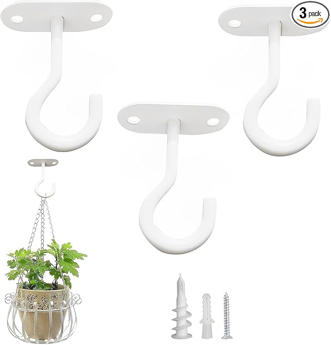 Ceiling Hooks for Hanging Plants-Metal Heavy Duty Wall Mounted Hangers for Hanging Bird Feeders, Planters, Wind Chimes, Include Professional Drywall Anchors (Pure White) 3 Pack-VerdiqueGarden