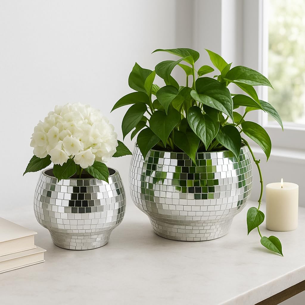 Flower Pots and Planters for Home Decor – Mosaic Indoor and Outdoor Plant Pots for Garden, Patio, or Room – Modern Pots for Indoor Plant Stand for Herbs, Succulents, or Ferns Set of 2 – 8", 6" Silver-VerdiqueGarden