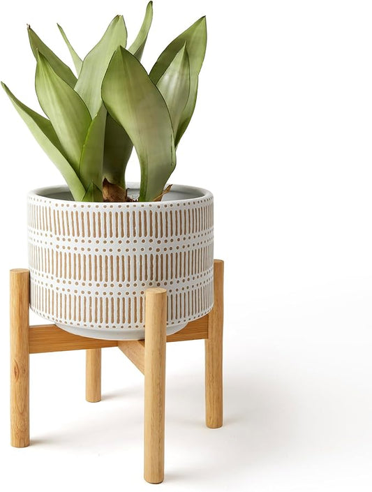 LA JOLIE MUSE Ceramic Plant Pot with Wood Stand - 9.4 Inch Modern Round Decorative Flower Pot Indoor with Wood Planter Holder, Beige & White-VerdiqueGarden