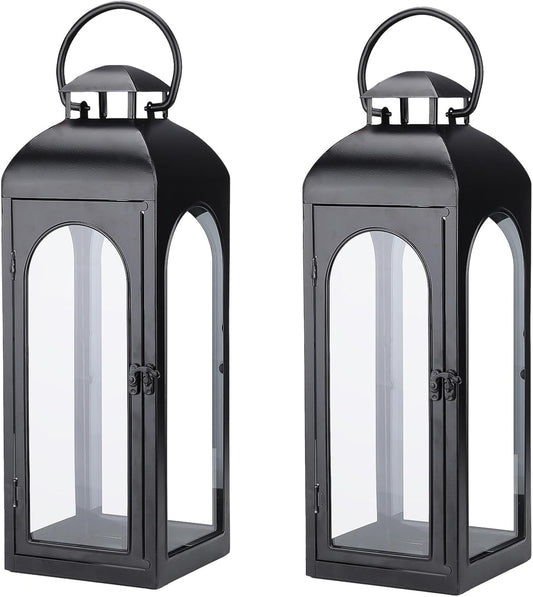 Bdor 2 Pack Large Luxury Lantern Decorative Tall 20 Inches Black Metal Hurricane Lanterns with Tempered Glass Panels for Front Porch,Tabletop, Mantle, Wall Hanging, or Garden, Indoor & Outdoor Décor-VerdiqueGarden