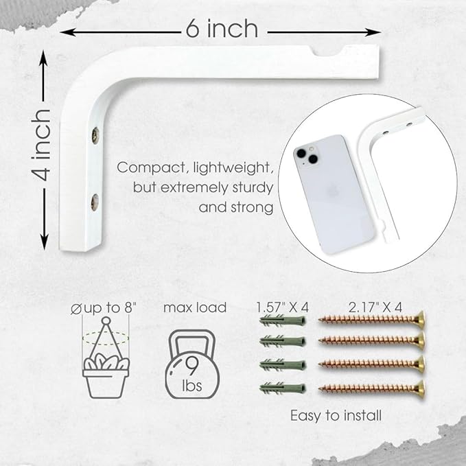 2-Piece Set of Plant Hooks for Wall 6 inch - Mounted Wooden Plant Hook - Indoor and Outdoor Bracket Plant Hanger for Planters, Lanterns, Bird Feeders, Patio Decorations (White)-VerdiqueGarden