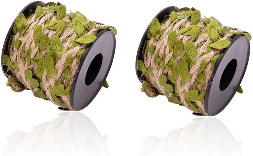 Burlap Leaf Ribbon 2 Rolls 66 Feet Total 5mm Natural Jute Twine with Artificial Green Leaves Braided Decorated Vine for Jungle Safari Party Wedding Garden Home Decor-VerdiqueGarden