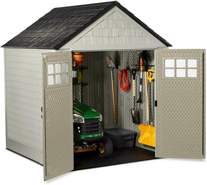 Rubbermaid 7 Foot by 7 Foot Weatherproof Outdoor Storage Shed for Garden Tools and Lawn Machinery Organization with Lockable Double Door Sandstone-VerdiqueGarden