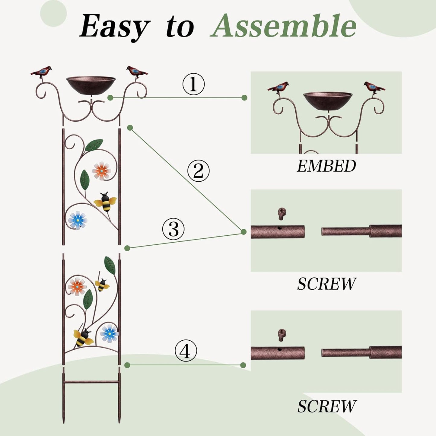 Bird Bath for Outside - Antique Iron Bird Bath with Trellis,Detachable Decorative Hummingbird Bowl,Metal Plant Support for Climbing Flowers,Elegant Outdoor Garden Feature (Honeybee)-VerdiqueGarden