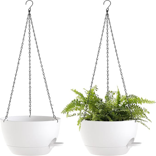 12 Inch Hanging Baskets 2 PC with Chains, Self-Watering Hanging Planters for Indoor Outdoor Plants, Plastic Hanging Flower Pots,White-VerdiqueGarden