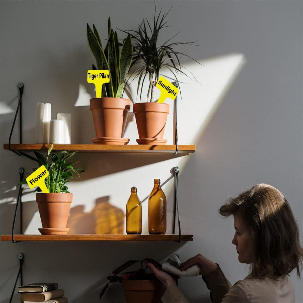 100 Pcs Yellow Thick Plastic Plant Labels Markers Tags Garden Re-Usable T-Type Sign with Marking Pen-VerdiqueGarden