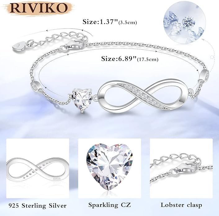 RIVIKO Infinity Love Heart Symbol Charm Bracelet for Women 925 Sterling Silver Adjustable Birthday Valentine’s Day Christmas Mothers Day Jewelry Gift for Mom Women Wife Her Friends