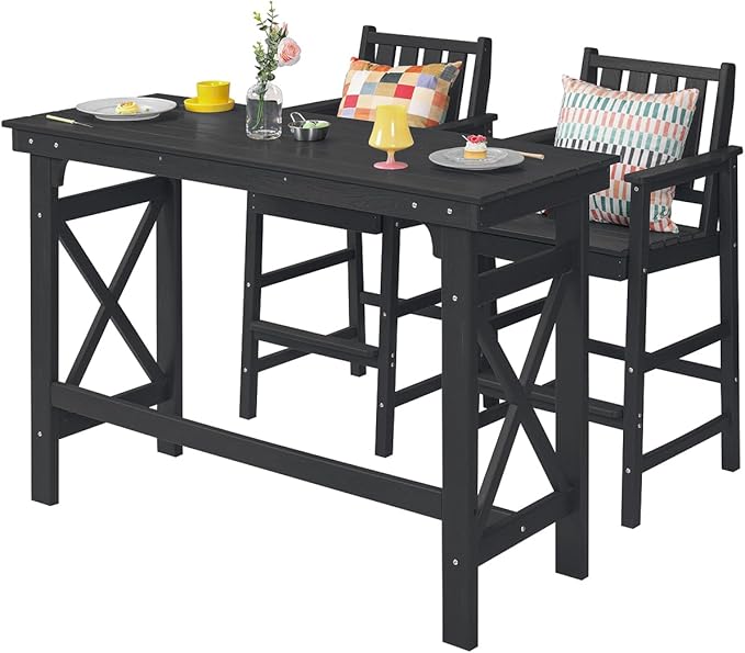 3 Pieces HDPE Outdoor Bar Table and Chairs Set, Tall Adirondack Chairs Set of 2 with Rectangular Bar Table, Patio Bar Stools Set, HDPE Outdoor Patio Bar Set for Balcony, Porch, Deck, Obsidian-VerdiqueGarden