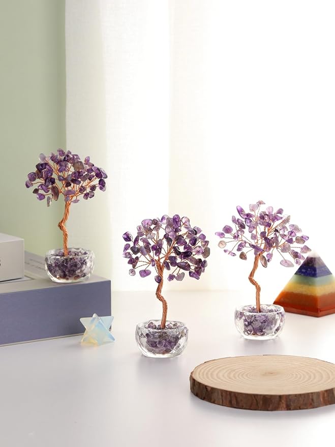 Jovivi Small Amethyst Crystals Tree, Natural Crystal Healing Stones Tree Glass Bowl Base Gemstone Money Trees Feng Shui Good Luck Home Desk Decor-VerdiqueGarden