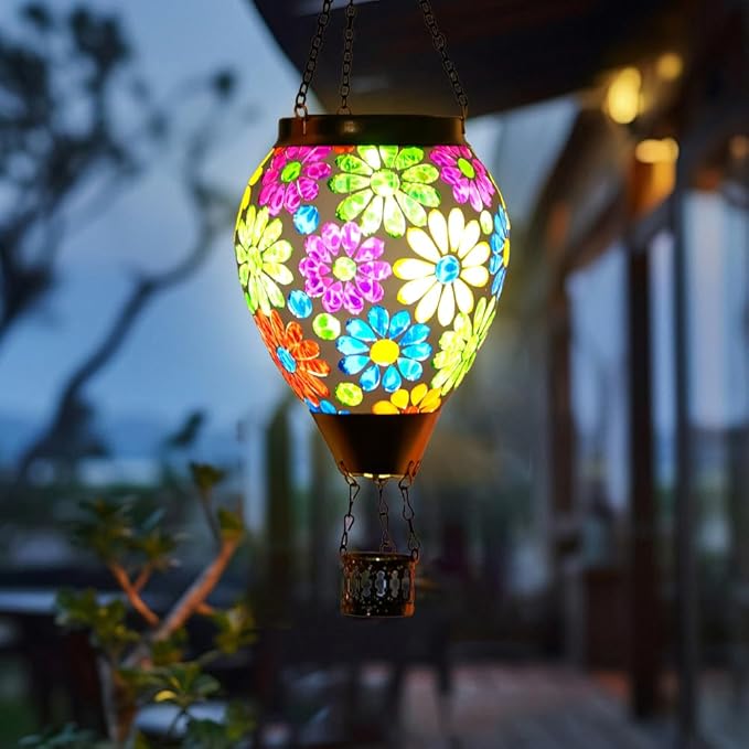 Starsoul Mosaic Flowers Hot Air Balloon Solar Lantern Glass Outdoor Hanging Hot Air Balloon Solar Flickering Flame Light Waterproof Garden Patio Yard Party Decorations-VerdiqueGarden