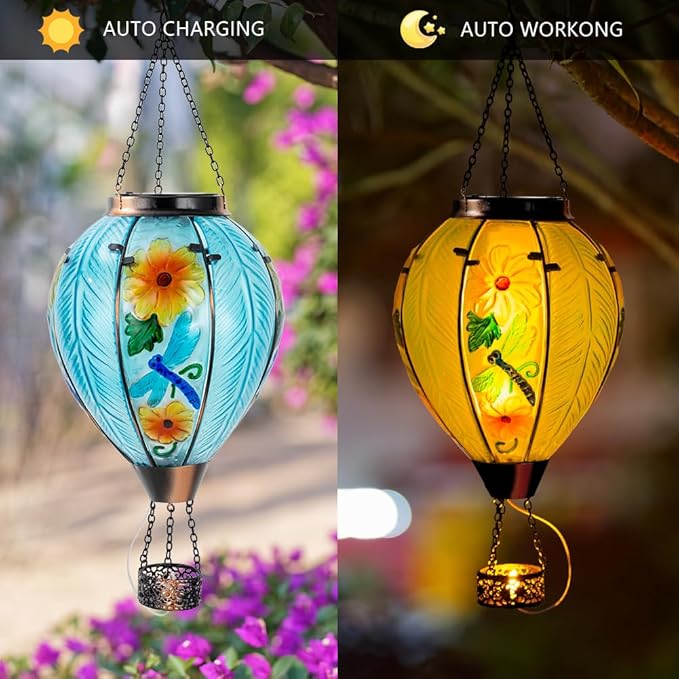 Starsoul Large Solar Hot Air Balloon Lantern with Flame Dragonfly Glass Hanging Outdoor Hot Air Balloon Solar Light Waterproof Garden Patio Yard Party Decorations-VerdiqueGarden