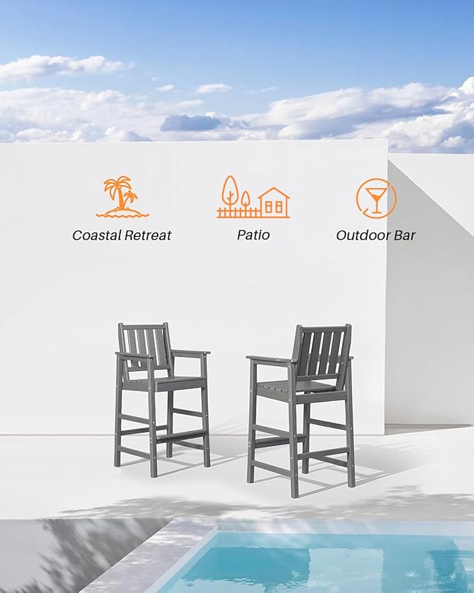 3 Pieces HDPE Outdoor Patio Bar Set, Rectangular Bar Height Table and Chairs Set, Patio Bar Stools Set, HDPE Outdoor Bar Table and Chairs Set for Balcony, Poolside, Porch, Smoke Gray-VerdiqueGarden