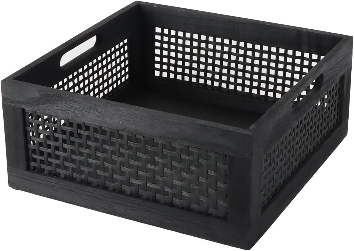 YRMT Wood Storage Crate Basket Rustic Wooden Storage Container for Organizing Decorative Bamboo Box with Handles for Pantry, Shelves Organizer 11.4" x 11.4" x 5" (Black)-VerdiqueGarden