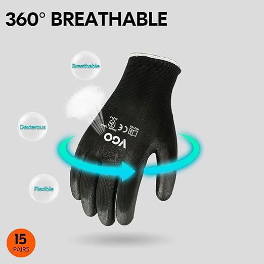 Vgo... 15-Pairs Safety Work Gloves, Gardening Gloves, Polyurethane Coated, Dipping Gloves, Latex Free (Size L, Black, PU2103)-VerdiqueGarden