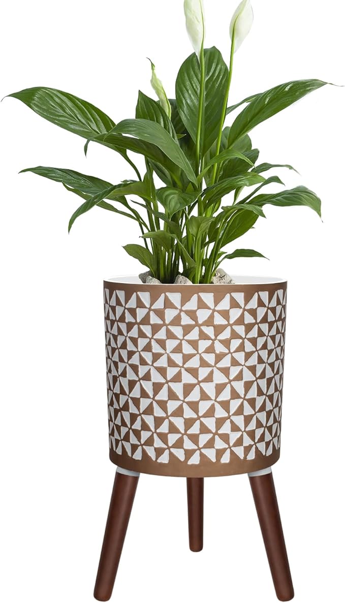 10 Inches Plant Pots with Wood Stand Large Modern Standing Planters for Indoor Mid Century Flower Pot with Drainage Holes Big White & Gold Planters for Living Room, Office, Garden or Balcony-VerdiqueGarden