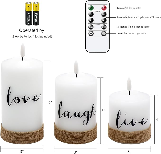Battery Operated Flameless Flickering Candles with Remote Timer, LED Real Wax Pillar Candlesticks with Realistic 3D Wick, Set of 3 Live Laugh Love Home Decor(D3xH4 5" 6")-VerdiqueGarden