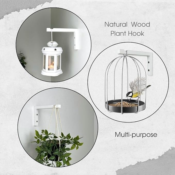 2-Piece Set of Plant Hooks for Wall 6 Inch - L-Shaped Mounted Wooden Plant Hook - Indoor and Outdoor Bracket Plant Hanger for Planters, Lanterns, Bird Feeders and Plant Basket (White)-VerdiqueGarden